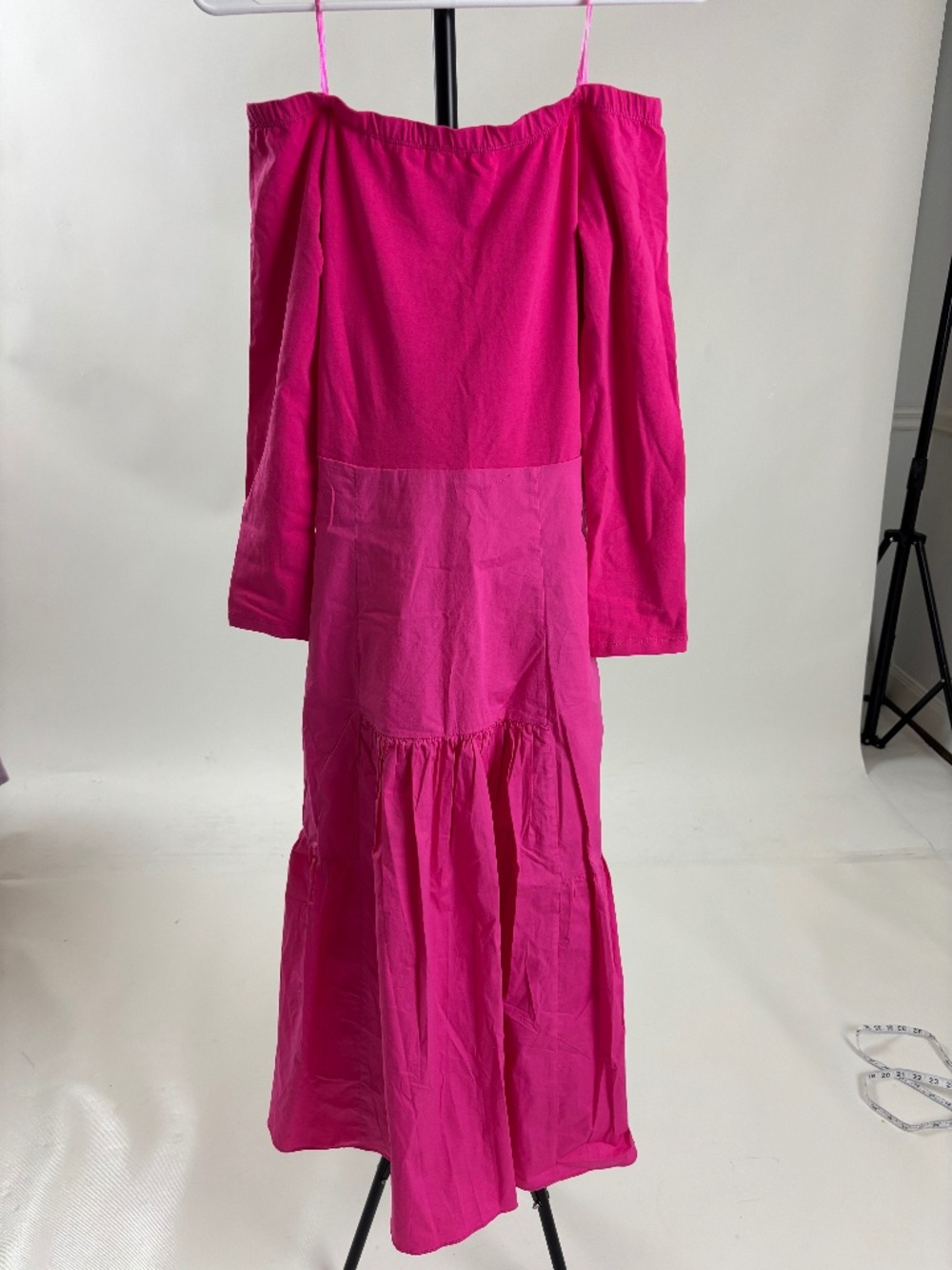 Pink long-sleeved, off-the-shoulder midi dress